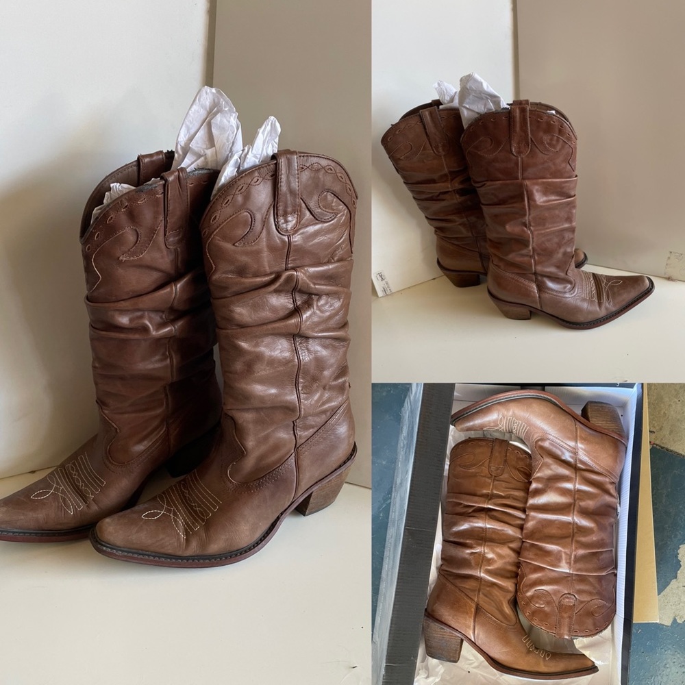 Sady Brown Leather cowgirl boots Steve Madden